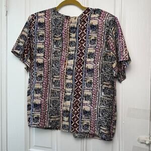 Oscar De la Renta Top Womens Large Silk Geometric Short Sleeve Shoulder Pads VTG